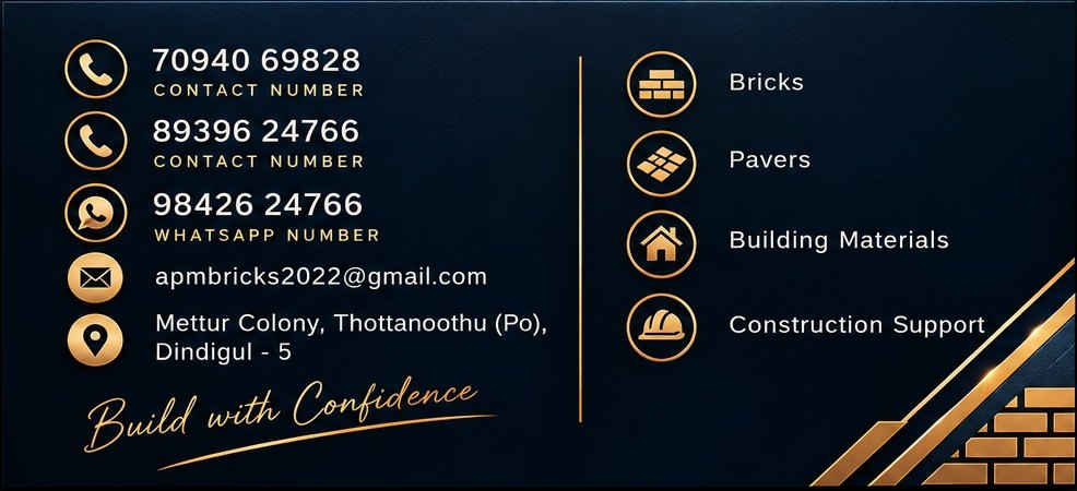 APM visiting card, back: contact numbers 70940 69828 and 89396 24766, WhatsApp 98426 24766, email apmbricks2022@gmail.com, address Mettur Colony, Thottanoothu (Po), Dindigul - 5